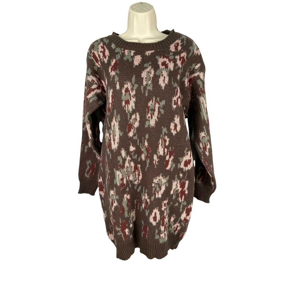 Stitchdrop Sweater Dress Womens Medium Brown Watercolor Floral Print Jardin‎